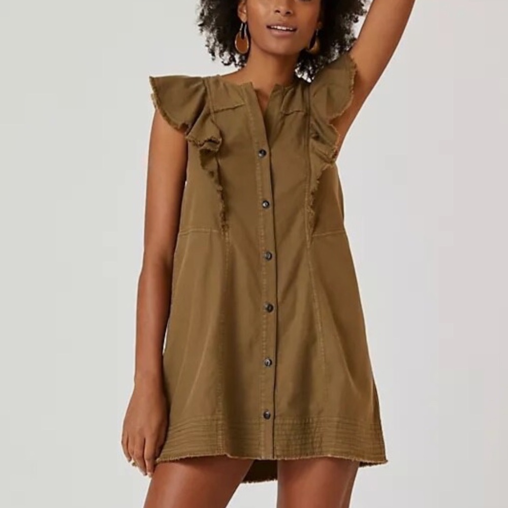Anthropologie Pilcro Moss Flutter Sleeve Button Front Tunic Dress Olive Green L